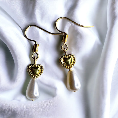 Gold pearl heart earrings