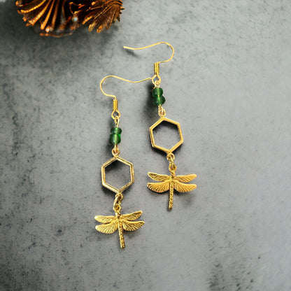 Green gold dragonfly earrings