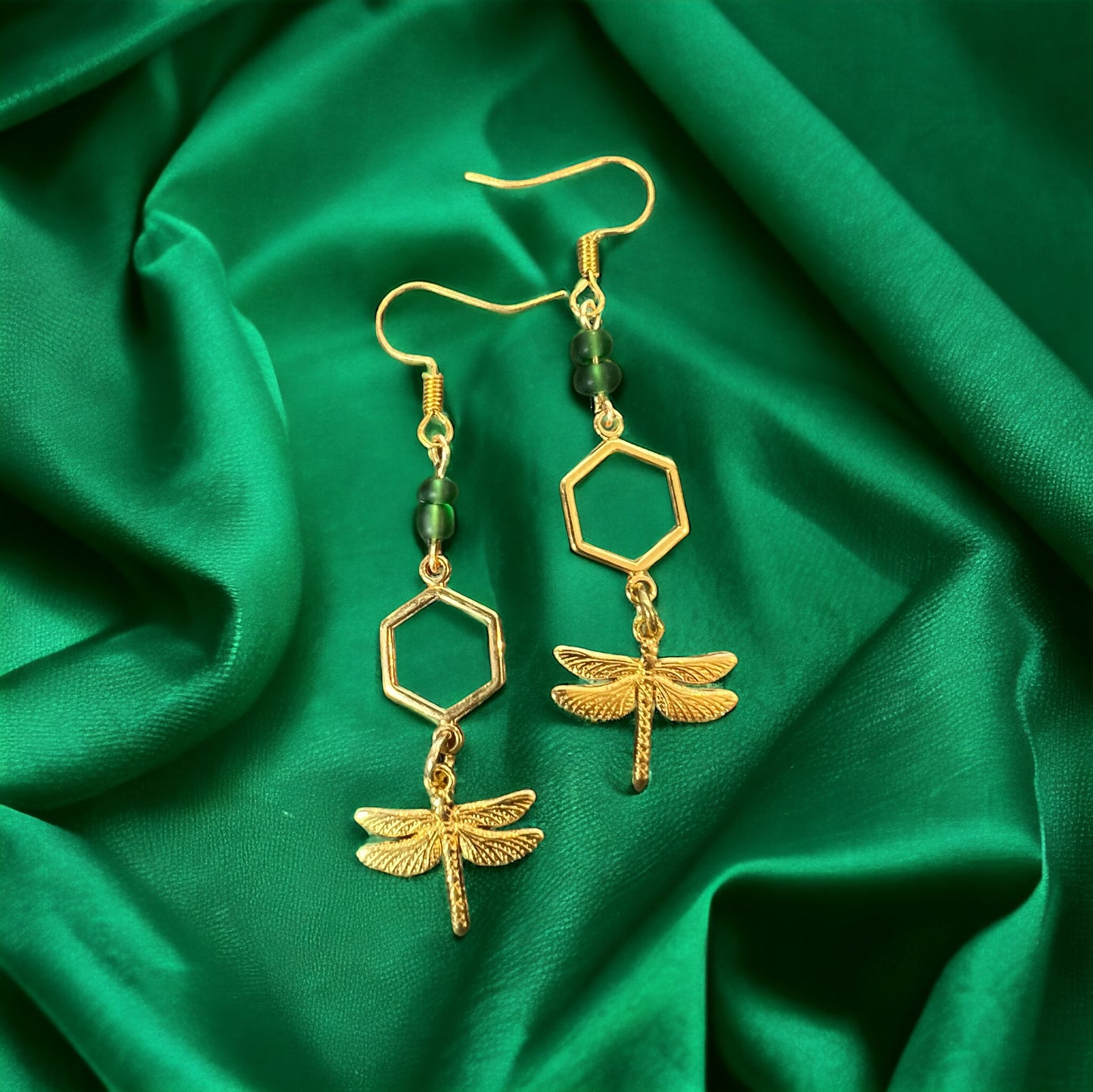 Green gold dragonfly earrings
