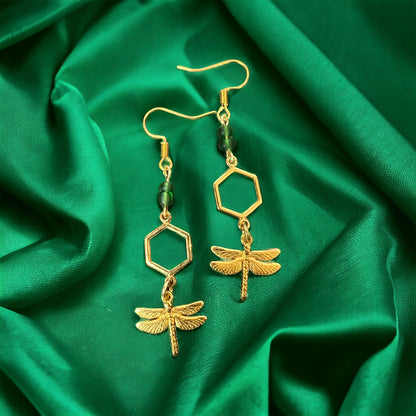 Green gold dragonfly earrings