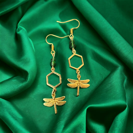 Green gold dragonfly earrings