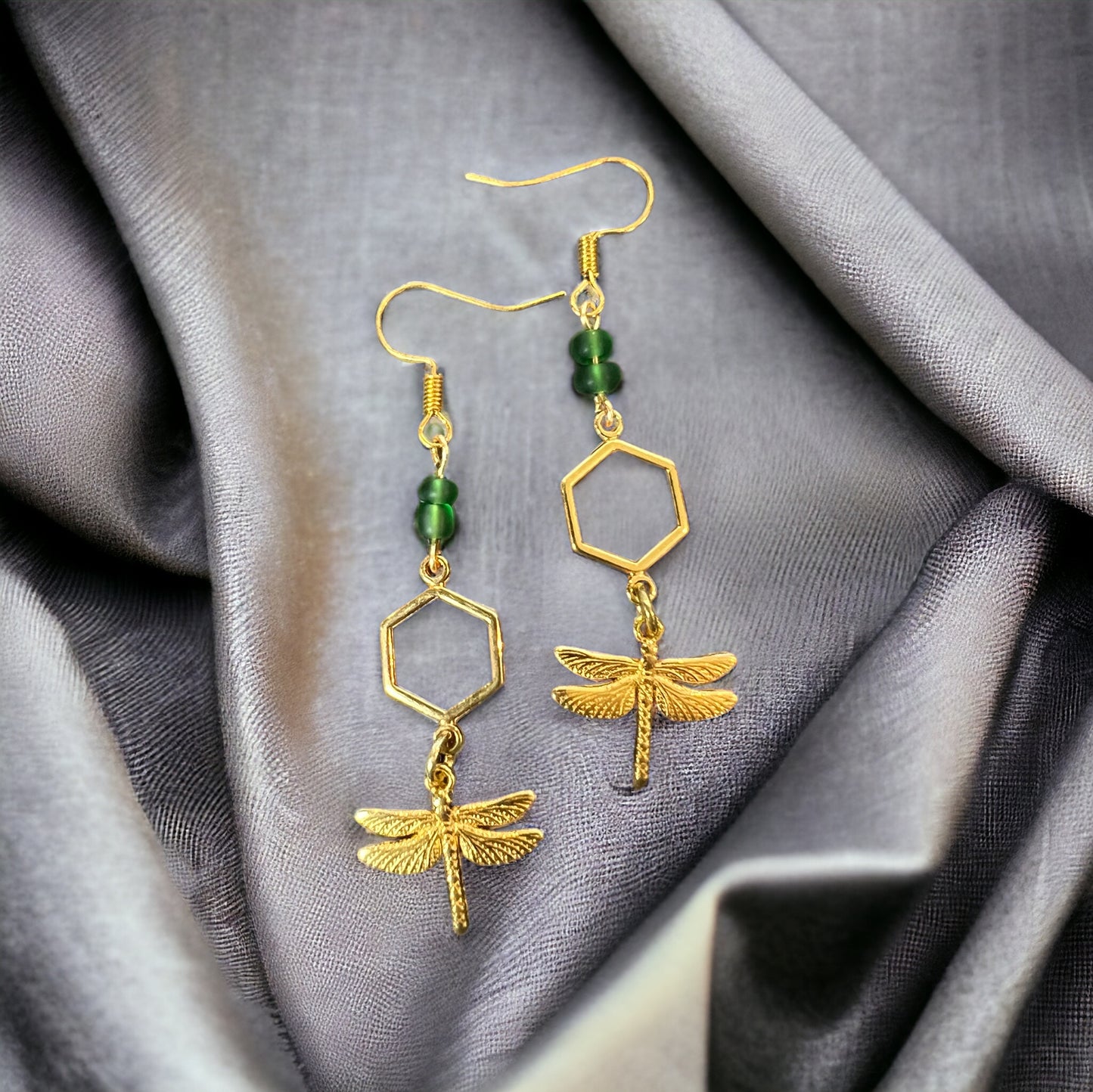 Green gold dragonfly earrings