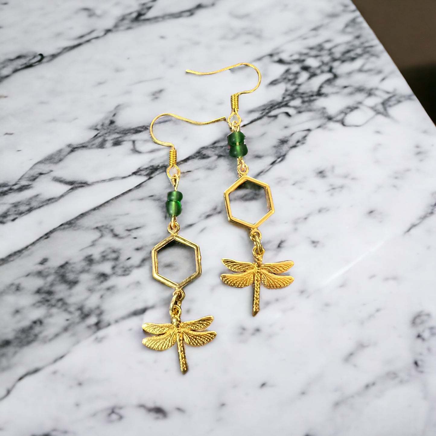 Green gold dragonfly earrings