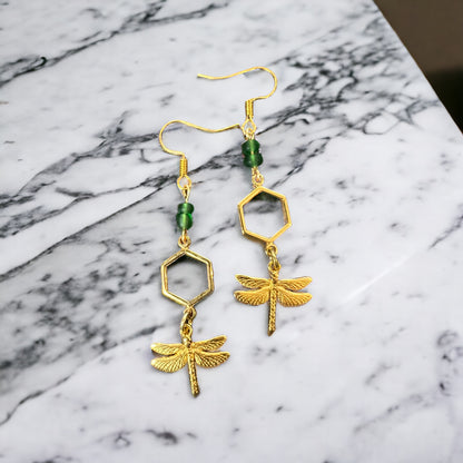 Green gold dragonfly earrings