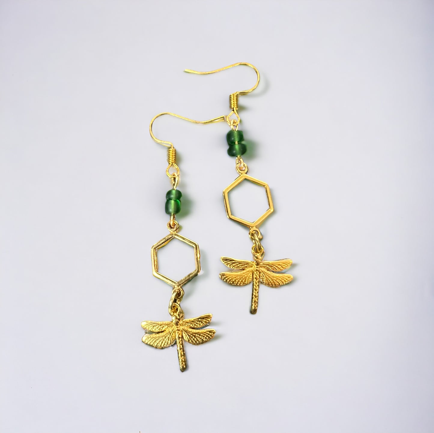 Green gold dragonfly earrings