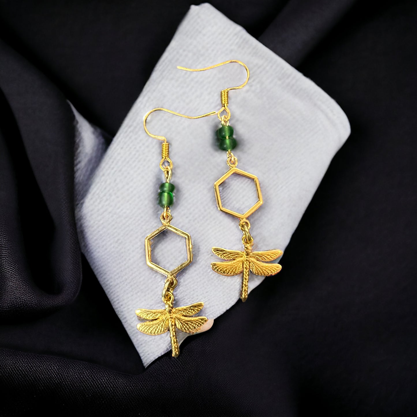 Green gold dragonfly earrings