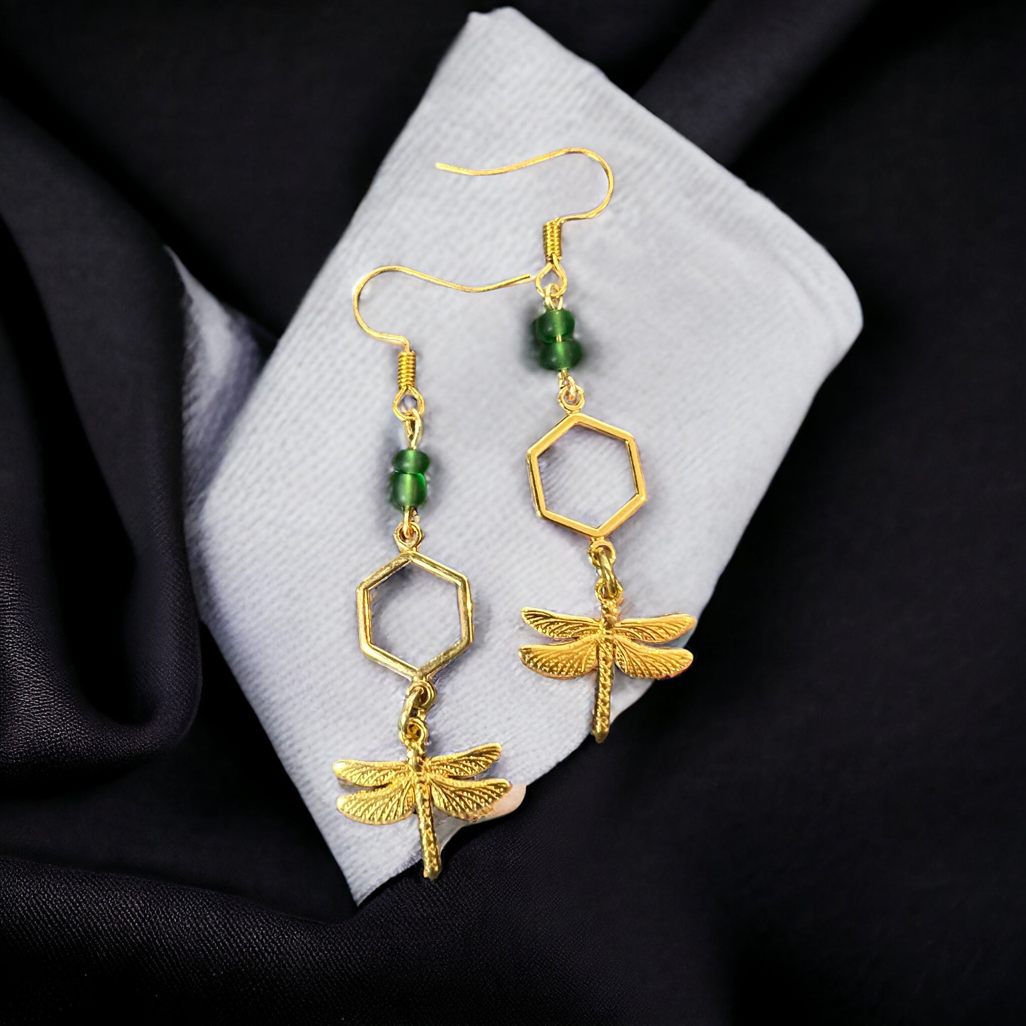 Grün-goldene Libellen-Ohrringe