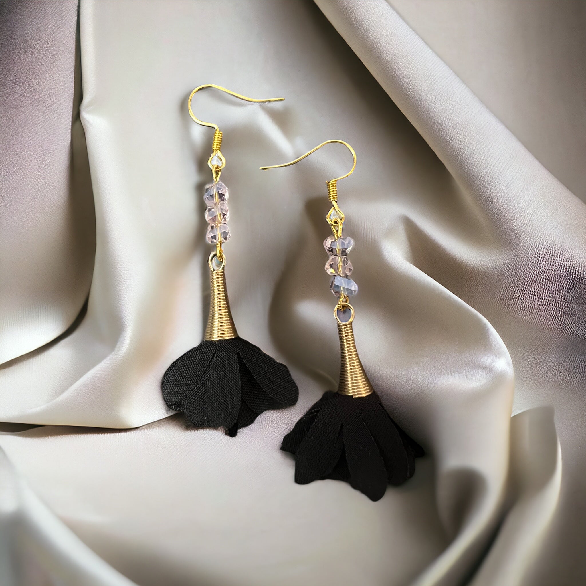 Pink black flower gold earrings