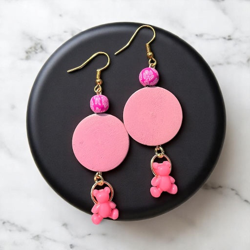 Gold pink bear earrings