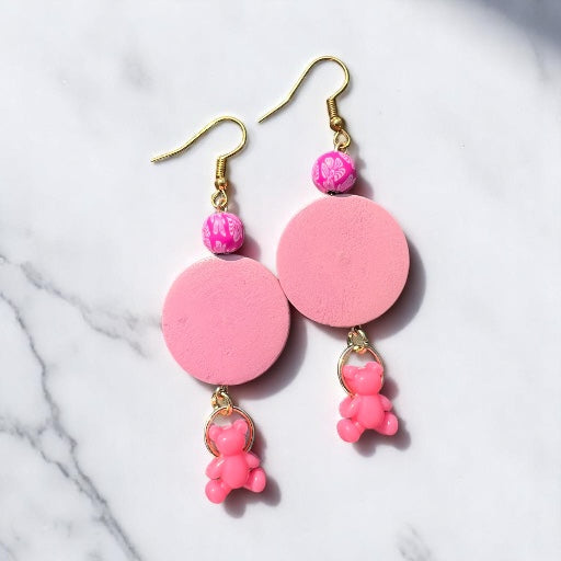 Gold pink bear earrings