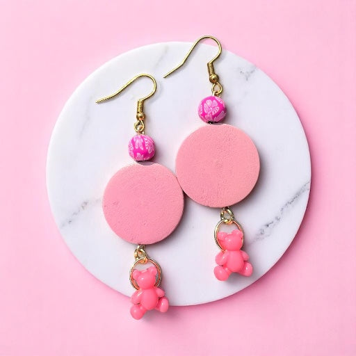 Gold pink bear earrings