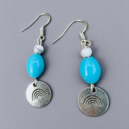 Silver rainbow blue bead earrings