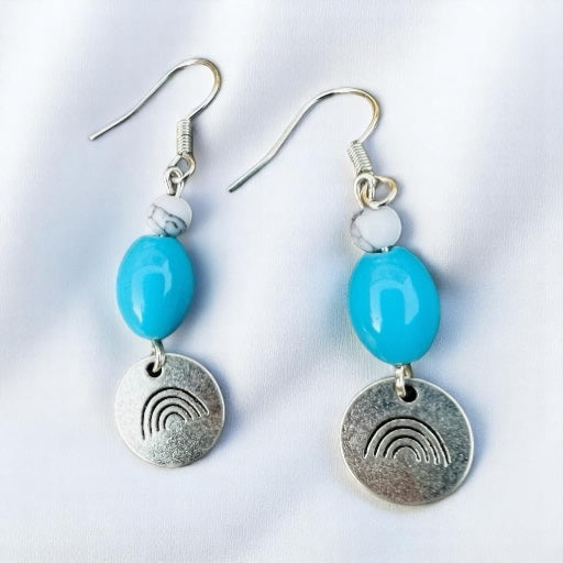 Silver rainbow blue bead earrings