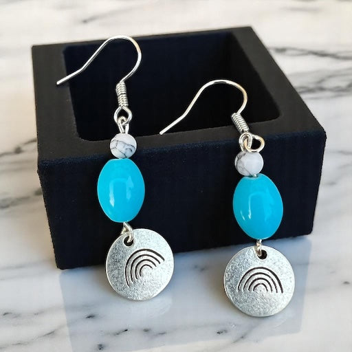 Silver rainbow blue bead earrings