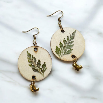 Dry plant bird gold earrings
