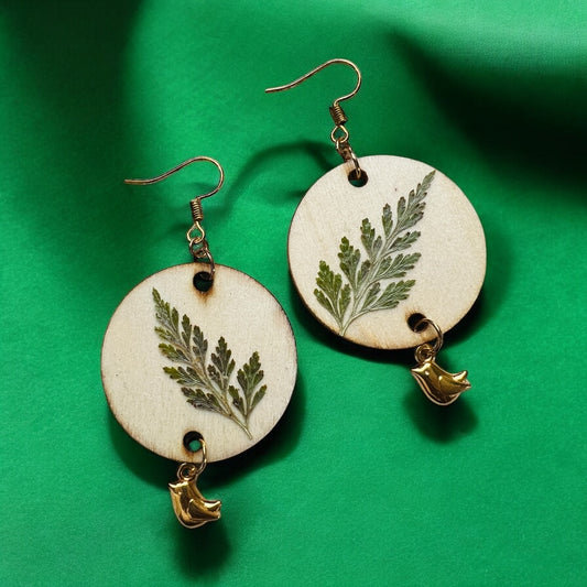 Dry plant bird gold earrings