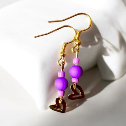 Purple gold heart earrings