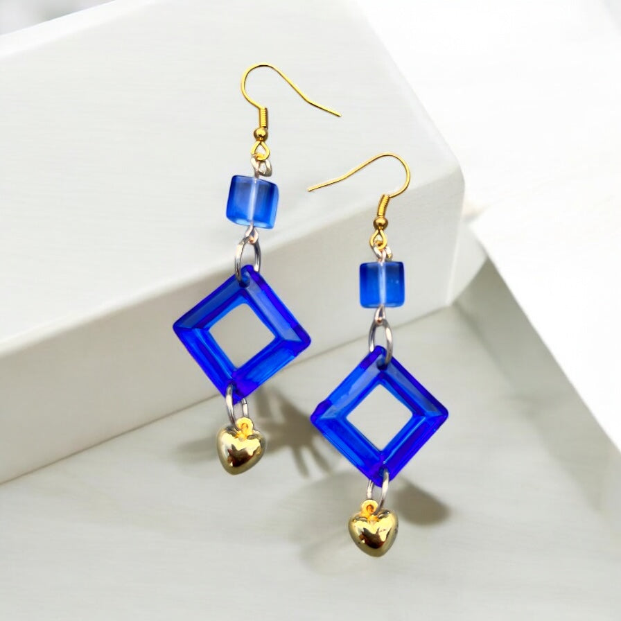 Blue gold heart earrings