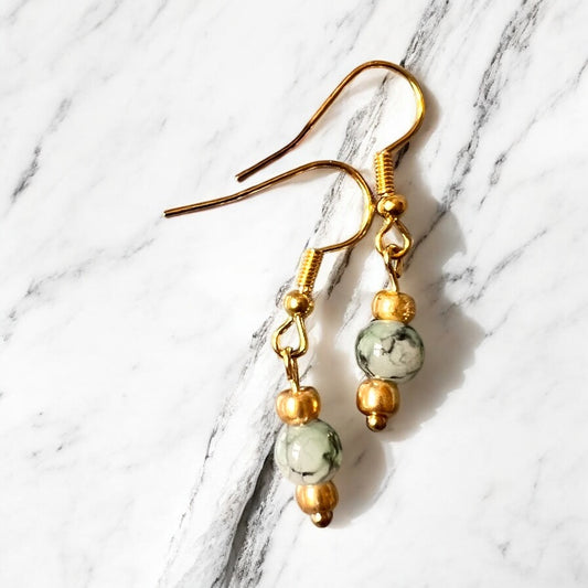 Gold green gray earrings
