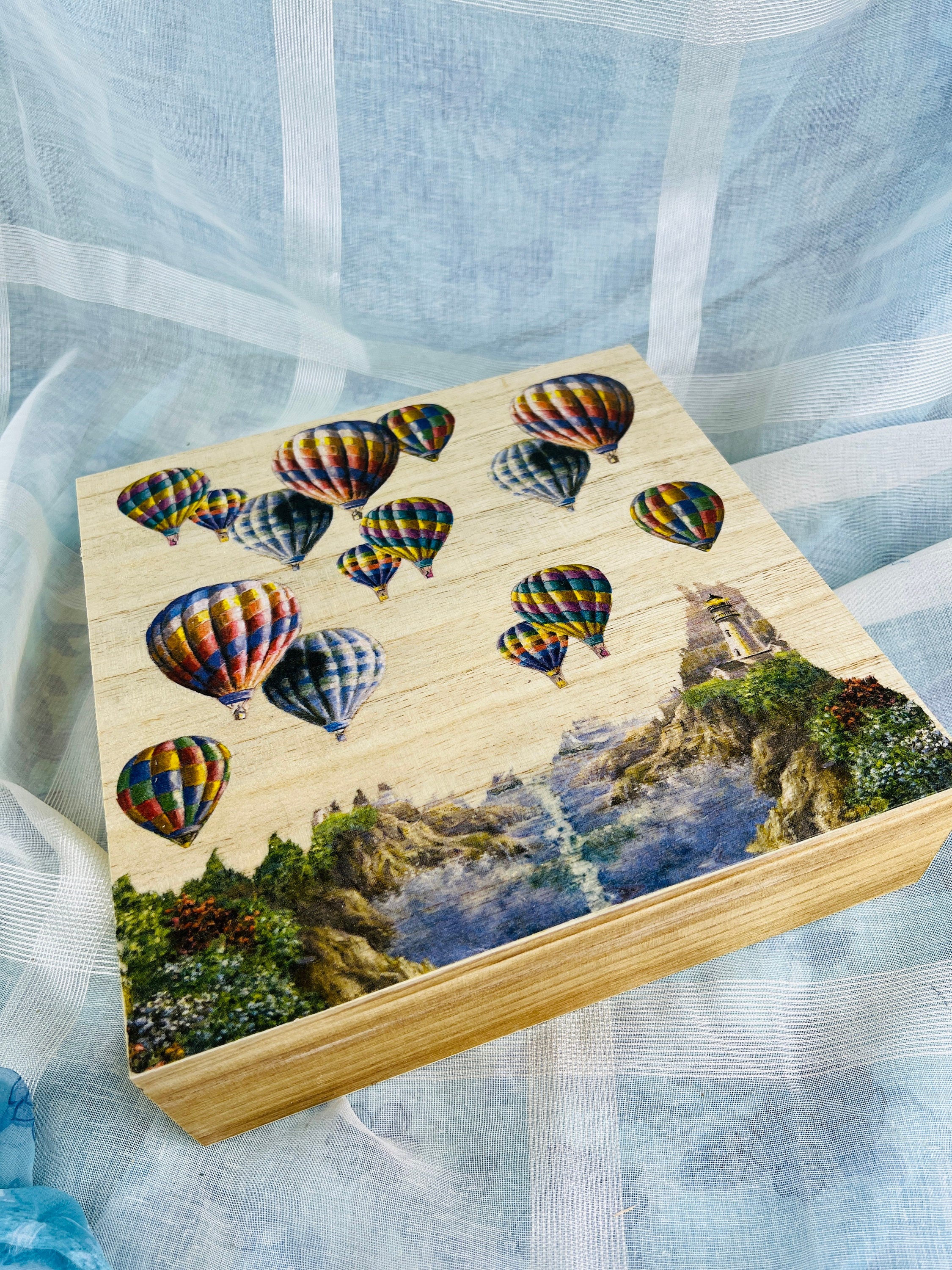 Whimsical Wooden Jewelry Box with Hot Air Balloons - Handcrafted Scenic Landscape