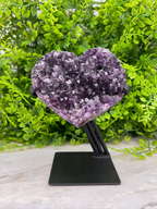 A heart-shaped amethyst crystal rests on a black stand, surrounded by lush green foliage.
