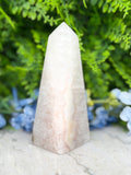 A white, triangular crystal sits on a white surface, surrounded by lush green foliage.