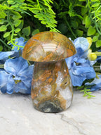 a close-up view of a natural stone, possibly a gemstone, resting on a white surface. The stone has a unique, textured pattern that resembles a mushroom or a similar organic shape. The stone is surrounded by a variety of green plants and blue flowers, creating a visually appealing contrast between the natural stone and the vibrant colors of the plants.