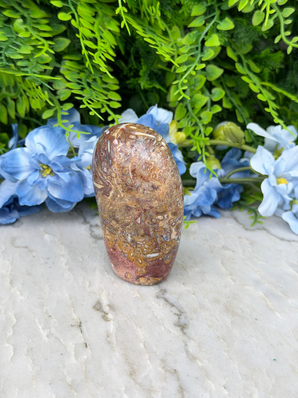 a rock with a unique pattern, surrounded by vibrant blue flowers and lush green foliage.