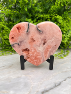 A pink geode-like rock formation is displayed on a stand, surrounded by greenery.