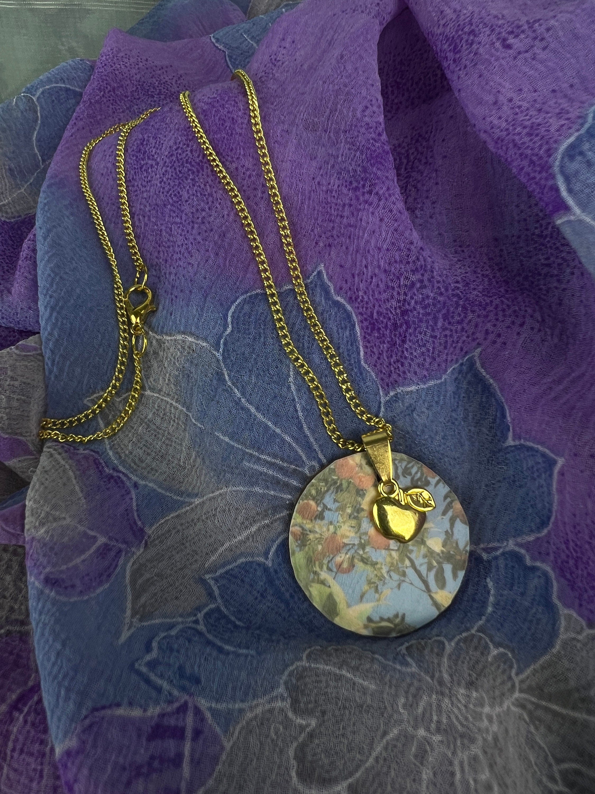 Stainless steel gold chain with gold apple pendant and apple tree pendant