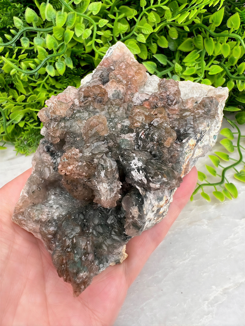 A hand is holding a large, irregularly shaped crystal or rock formation with a mix of brown, black, and white colors. The crystal is set against a backdrop of green foliage, creating a contrast between the natural and artificial elements in the image.
