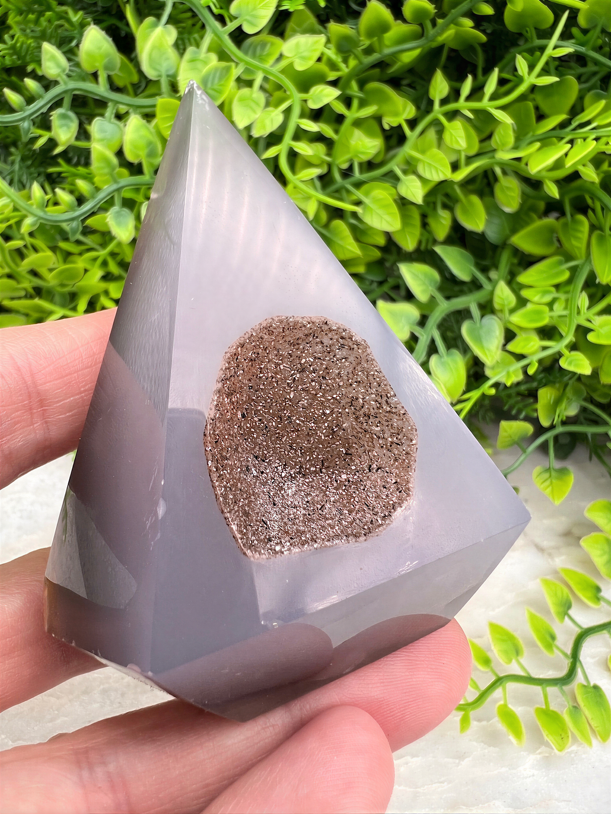 A hand is holding a triangular piece of gray rock with a brown speckled surface, set against a background of green foliage.