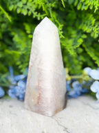 A white, pointed crystal sits on a white surface, surrounded by lush green foliage and blue flowers.