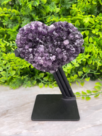 A heart-shaped cluster of purple amethyst crystals is displayed on a black stand, set against a backdrop of lush green foliage.