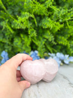 A hand is holding two pink crystal hearts in front of a lush green background with blue flowers.