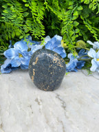 A black rock rests on a white surface, surrounded by vibrant blue flowers.
