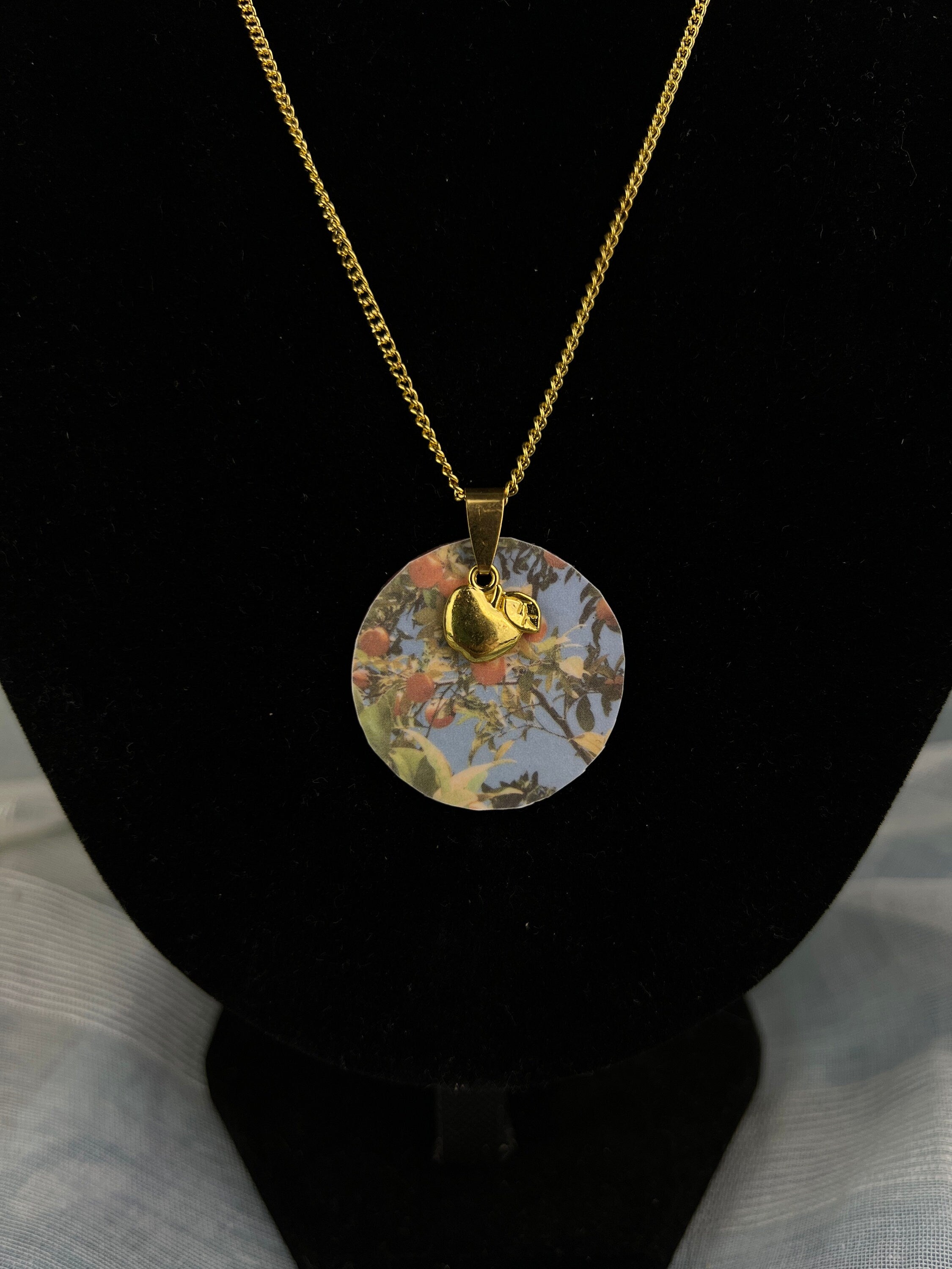 Stainless steel gold chain with gold apple pendant and apple tree pendant