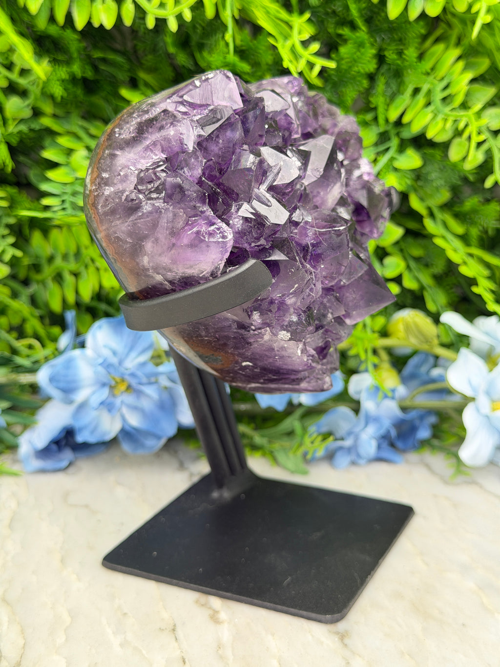 A close-up view of a purple crystal formation, surrounded by a lush green plant and blue flowers, mounted on a black metal bracket.