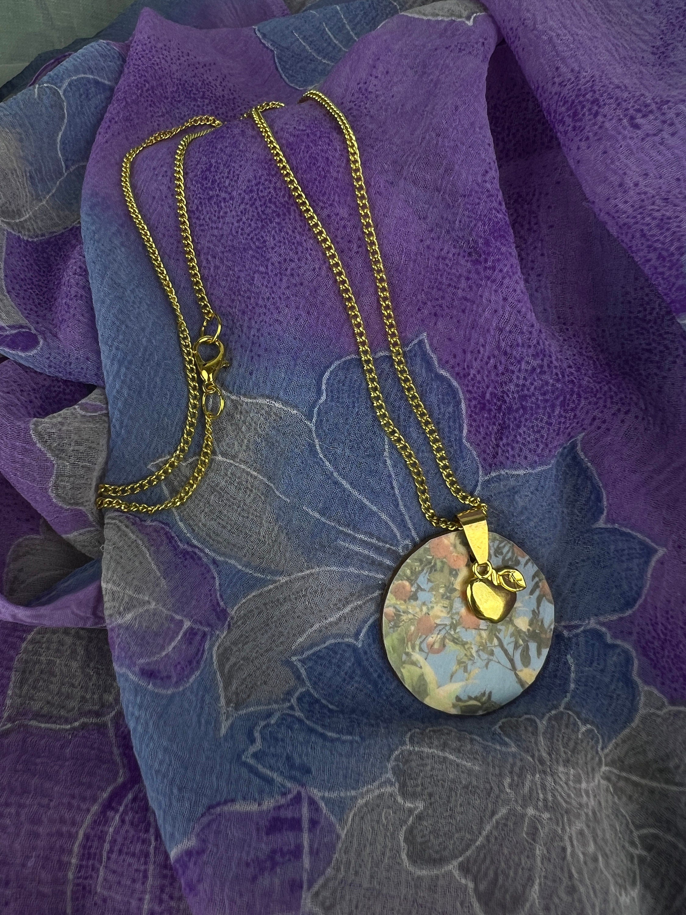 Stainless steel gold chain with gold apple pendant and apple tree pendant