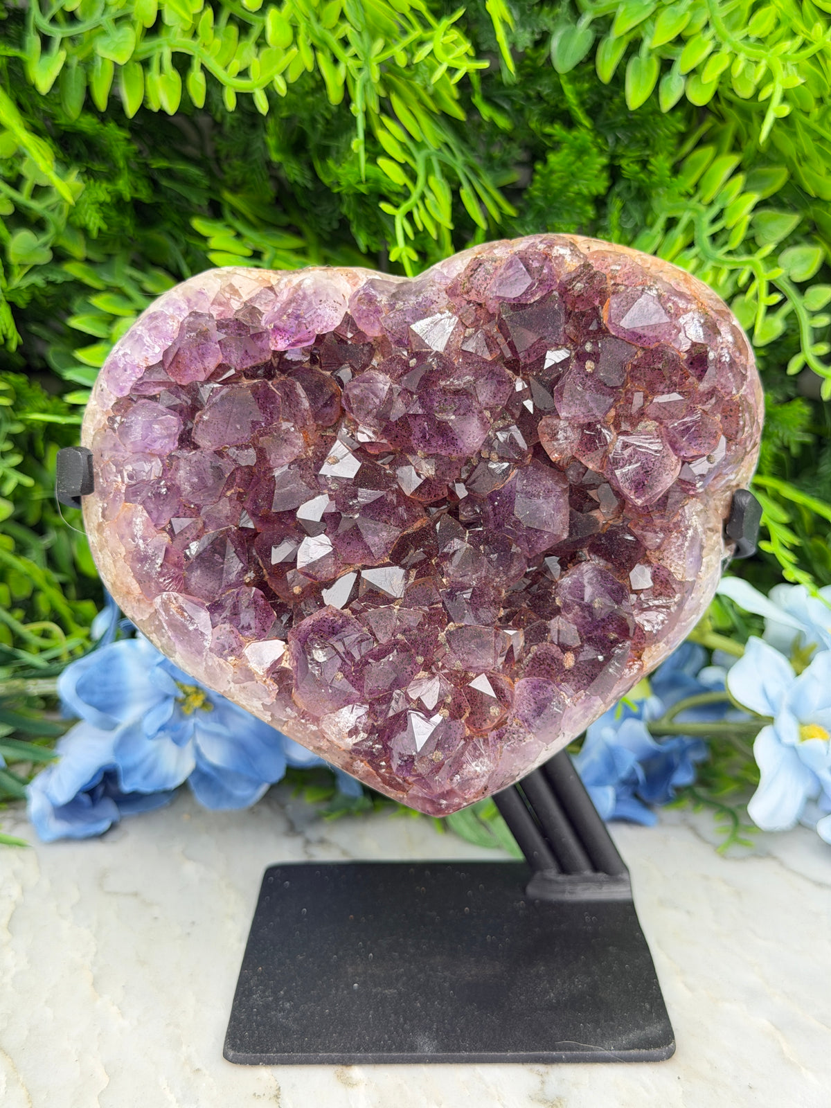 A heart-shaped crystal formation with numerous small purple crystals embedded in it, surrounded by a lush green plant and blue flowers.