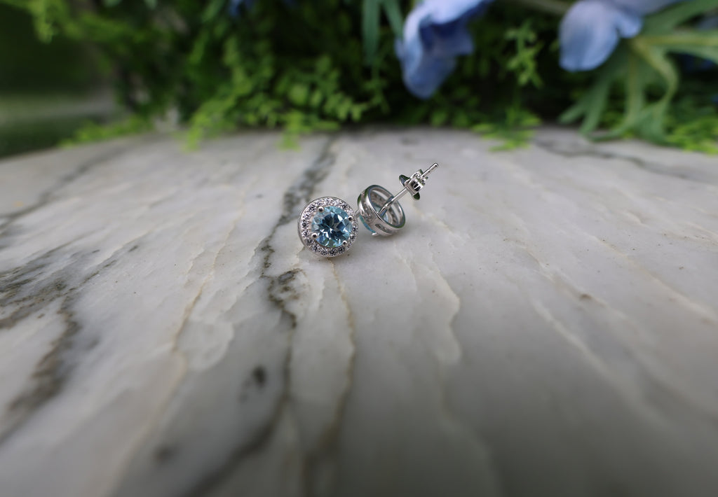 Oorsteker Blauwe Topaas rond (cz) 925 sterling zilver