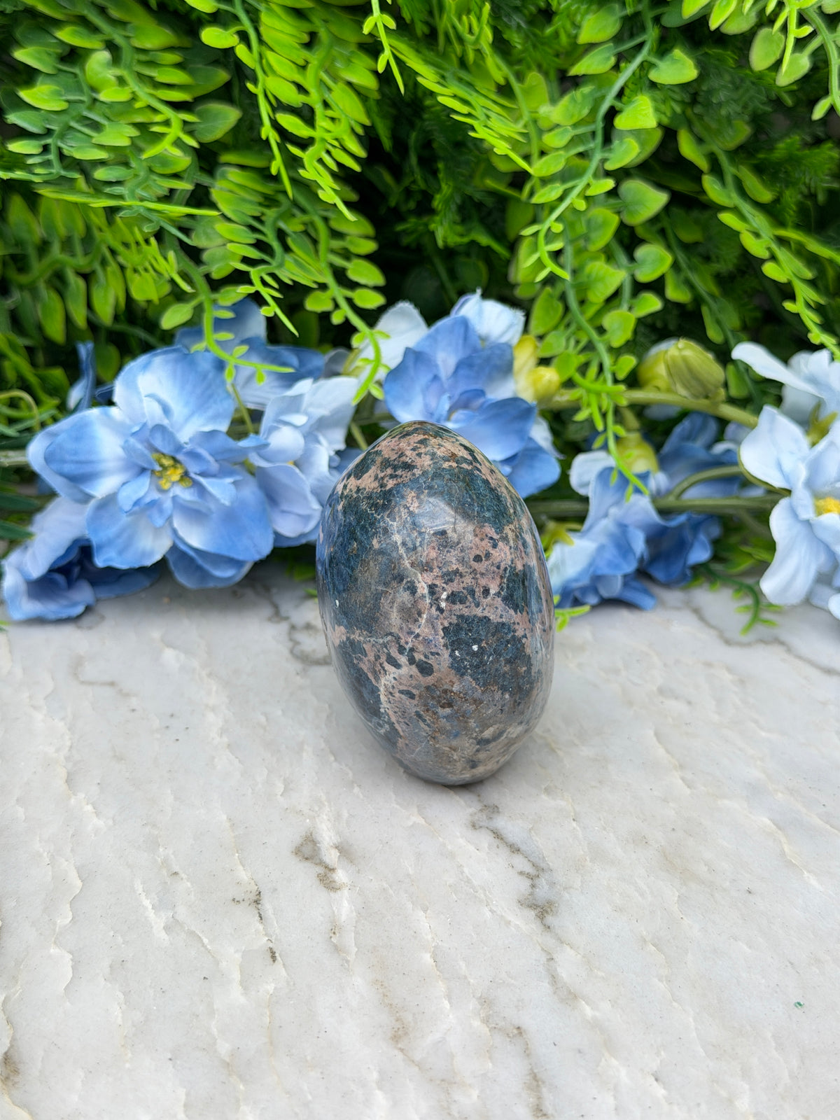 a close-up view of a stone with a speckled surface, surrounded by vibrant blue flowers and lush green foliage.