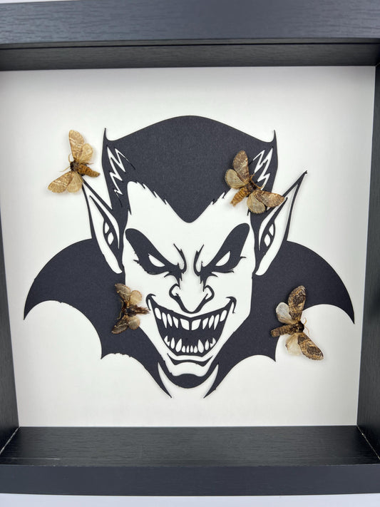 Framed Real Moths with Scary Evil Vampire Silhouette – 9.8x9.8 Inch (25x25 cm) - Unique Gothic Decor