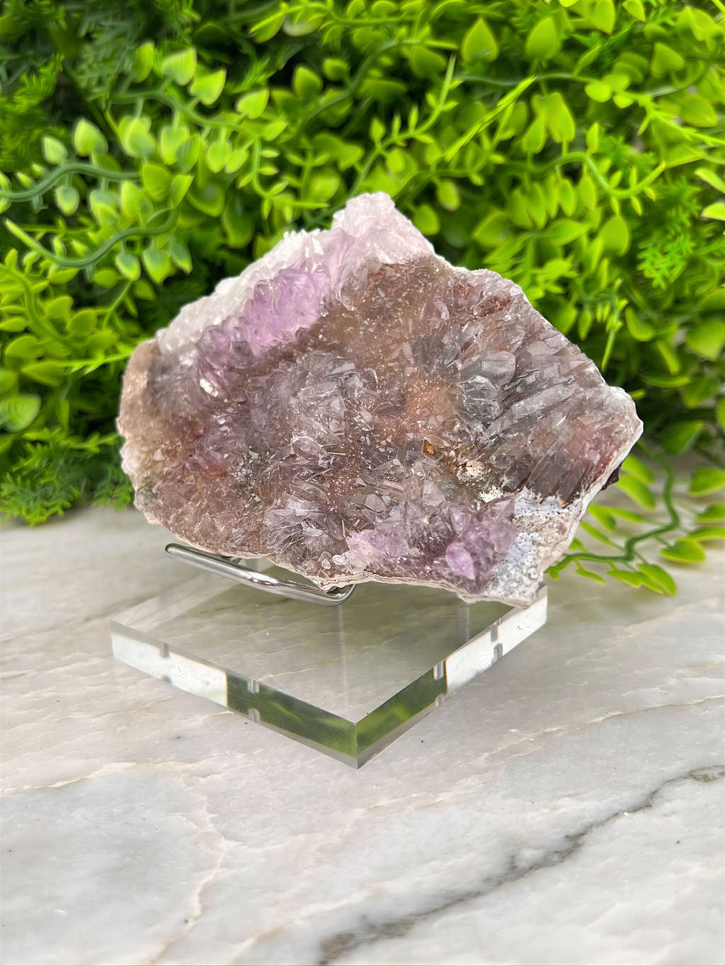 a piece of amethyst crystal placed on a clear glass stand, surrounded by greenery.