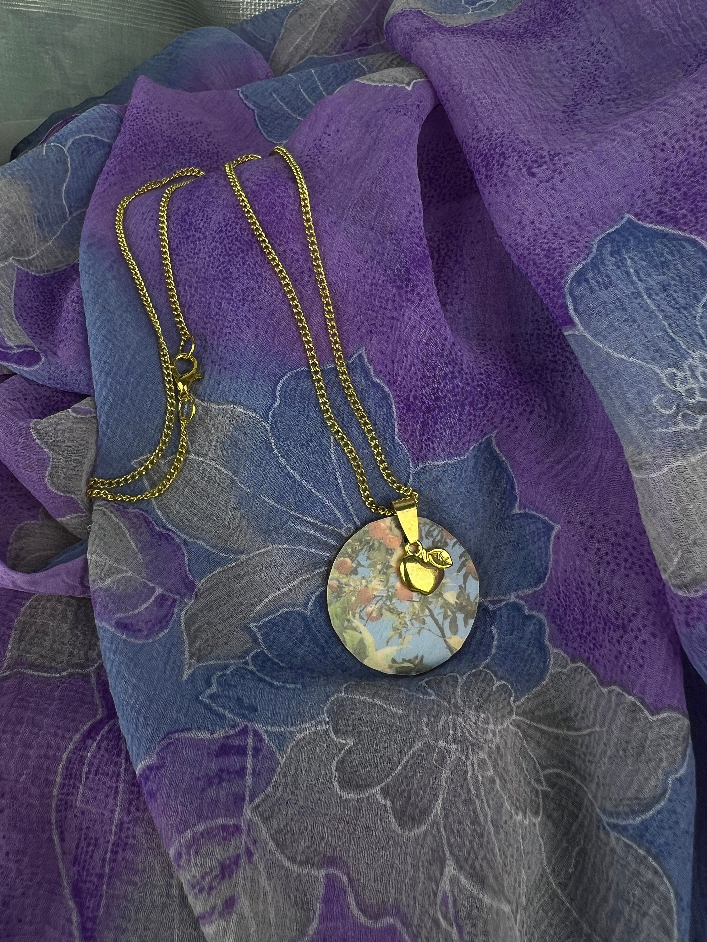 Stainless steel gold chain with gold apple pendant and apple tree pendant