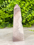 A pink jade crystal with a unique pattern rests on a white surface, surrounded by lush green foliage.