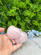 A hand holding two heart-shaped crystals against a backdrop of lush green foliage and delicate blue flowers.