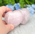 A hand is holding two pink crystal hearts against a backdrop of lush green foliage and blue flowers.