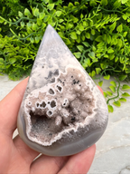 A hand is holding a teardrop-shaped rock with a white and gray speckled surface, set against a backdrop of green foliage.