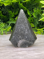 A triangular-shaped, black-colored stone or gemstone is placed on a white surface, surrounded by green foliage.